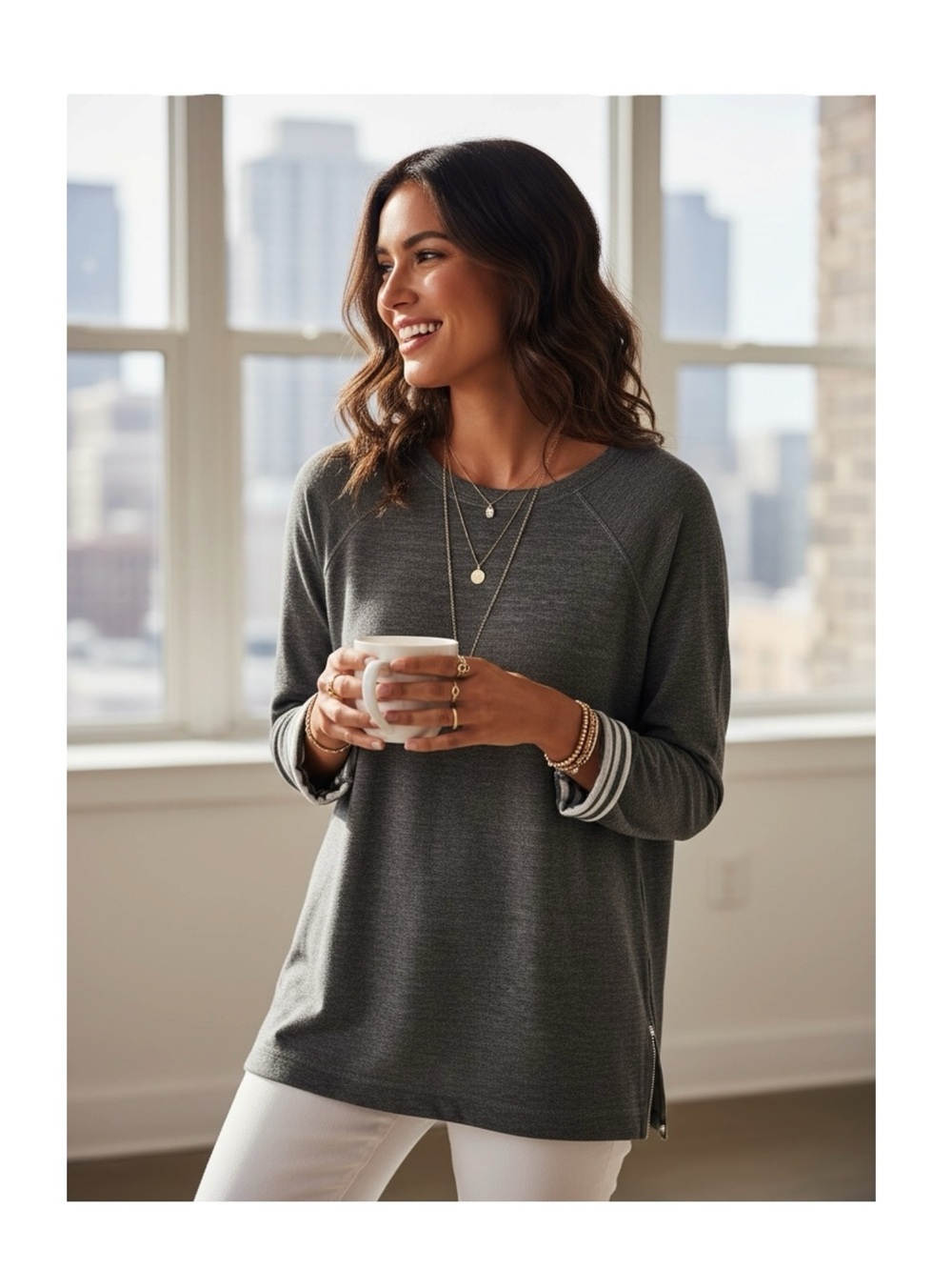 Quinn ミ Hidden Stripe Cotton Cashmere Zip Hem Pullover ミ Heather Grey ミ XL